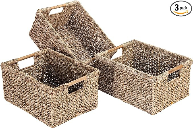 Large Wicker Basket Rectangular with Wooden Handles for Shelves, Seagrass Basket Storage, Natural... | Amazon (US)