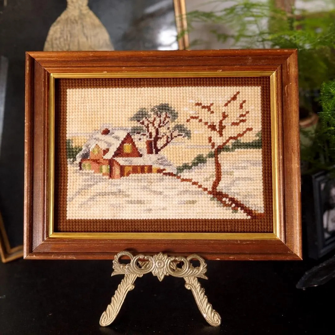 Vintage Framed Cross Stitch Winter Cottage Scene Needlepoint Art Rustic Farmhouse Decor 9x7 Frame... | Etsy (US)