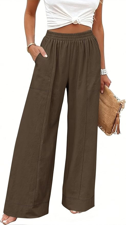 Rapbin Womens Elastic Waist Palazzo Pants Casual Wide Leg Pant with Pockets | Amazon (US)