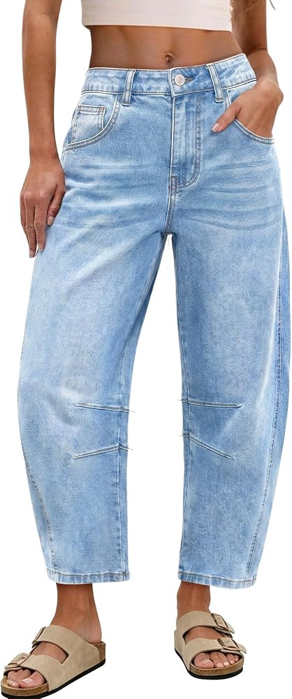 SANMM Jeans for Women Barrel Vintage Cropped High Waisted Denim Pants | Amazon (US)