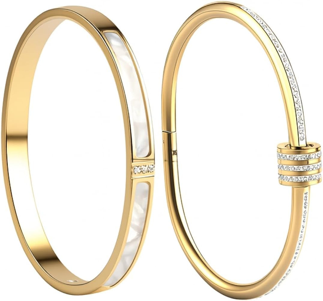 2pcs Gold Bangle Bracelets for Women, 18K Gold Plated Stacking Bracelet Set with Cubic Zirconia, ... | Amazon (US)