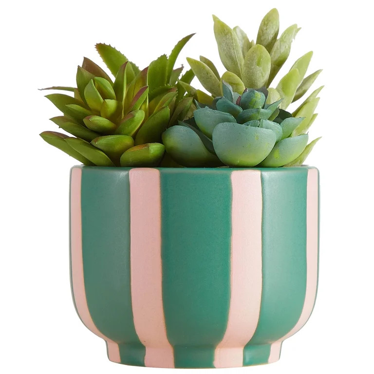 Mainstays Green and Pink Striped Ceramic Jar with Faux Succulent | Walmart (US)