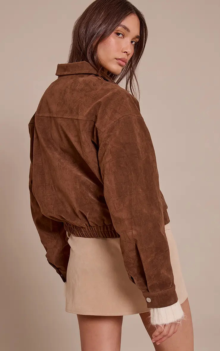 Chocolate Croc Suede Bomber Jacket | PrettyLittleThing UK