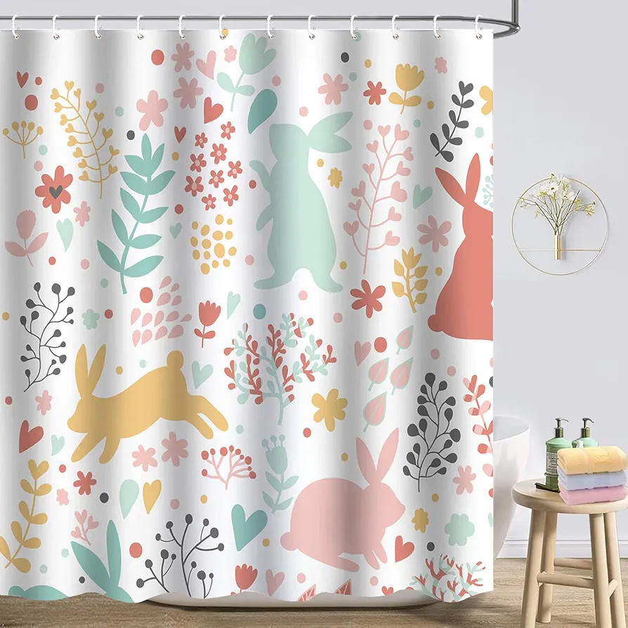 Easter Shower Curtain, Funny Bunny Shower Curtain set, Spring Shower Curtains for Bathroom, White... | Amazon (US)