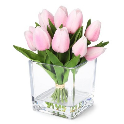 Artificial Tulips with Glass Vase, Faux Tulip Flower with Faux Water, Fake Flower Arrangement in Vase for Wedding, Home Table Centerpiece Decor, Pink | Target