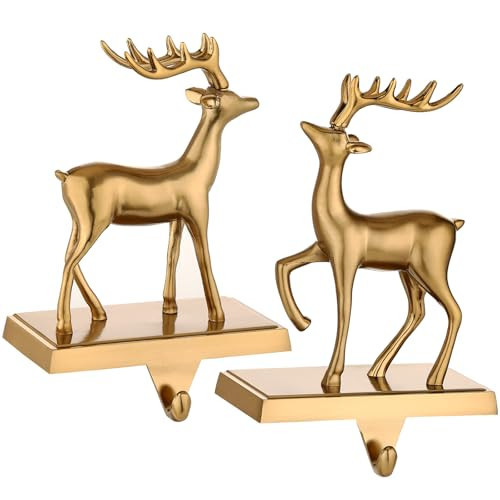 2 Pack 3D Christmas Stocking Holders for Mantle Xmas Reindeer Antique Gold Stocking Holder for Fireplace Xmas Stocking Hooks Weighted Hangers Holiday Christmas Decorations Supplies (Antique Deer) | Amazon (US)