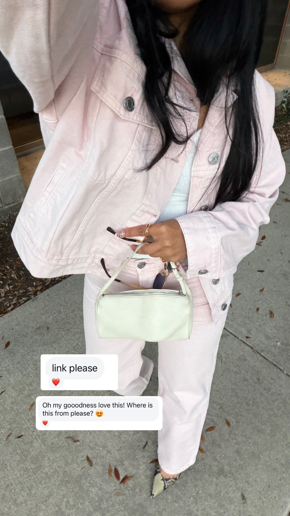 Pink denim just dropped! Size s/m jacket and 27 jeans but I should’ve sized up! Read the sizing :)