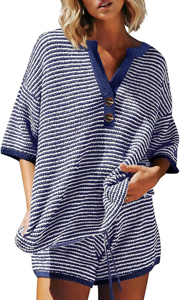 ETCYY NEW Oversized Striped Two Piece Sets for Women 3/4 Sleeve Henley Sweater Top High Waisted S... | Amazon (US)