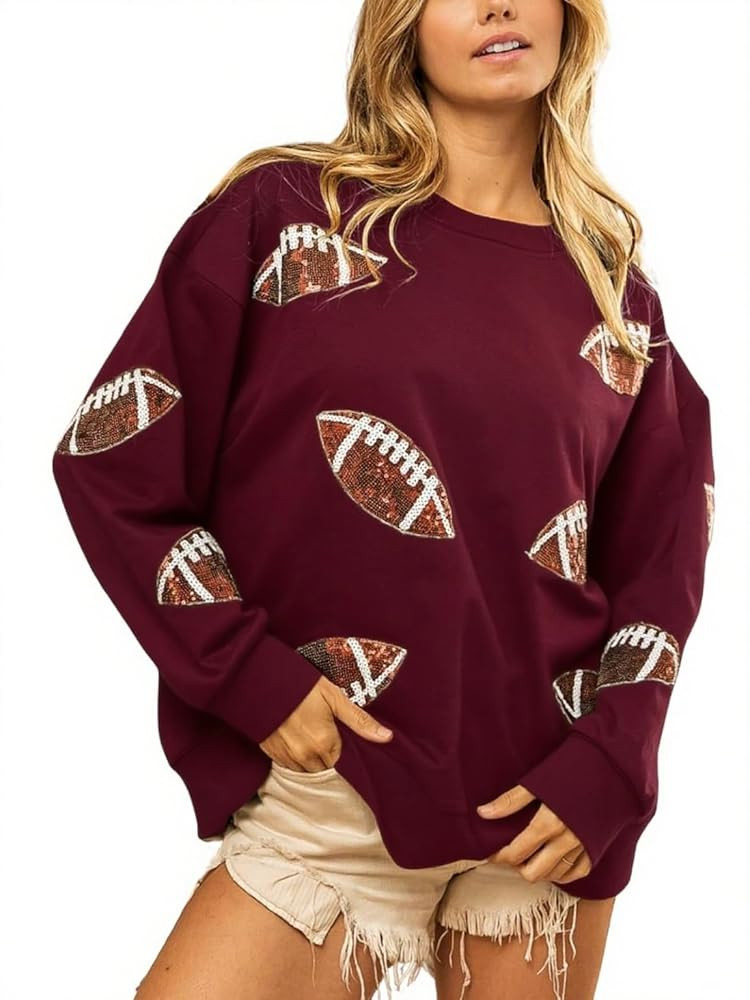 Womens Sparkle Football Sequin Rugby Sweatshirt Game Day Y2K Crewneck Oversized Shirt Long Sleeve... | Amazon (US)