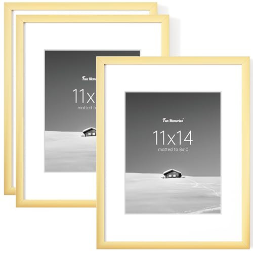 Fun Memories 11x14 Picture Frame Set of 3, Display Pictures 8x10 with Mat or 11x14 Without Mat, 11x14 Frame for Photos, Posters & Art Prints, Gallery Photo Prames for Wall & Tabletop Display, Gold | Amazon (US)