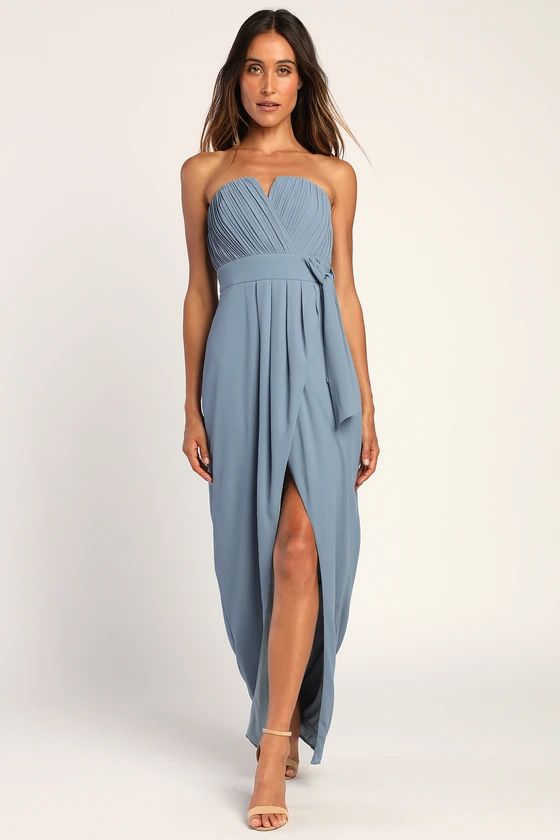 Easy Elegance Dusty Blue Pleated Strapless Maxi Dress | Lulus (US)