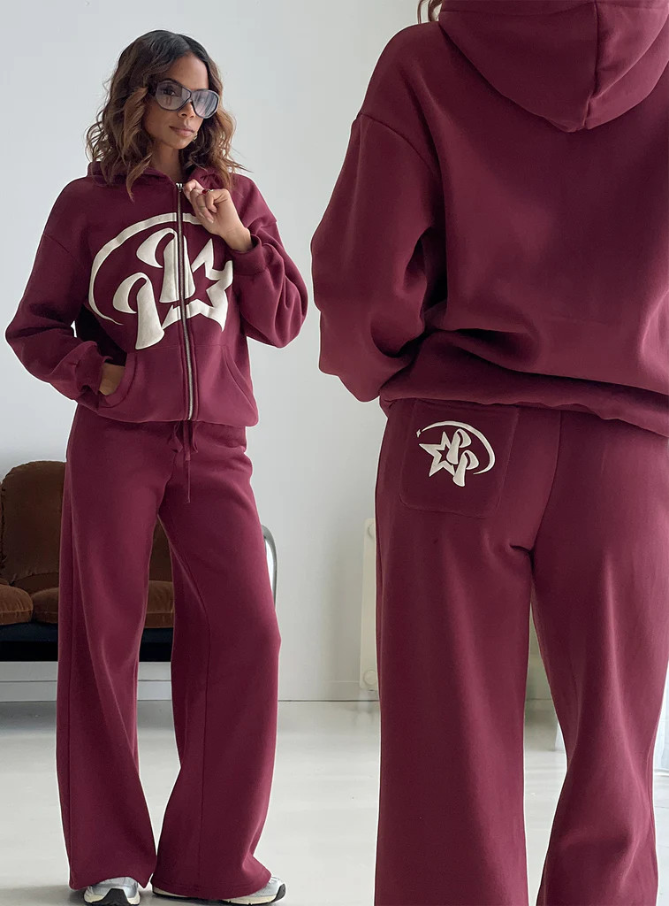 Princess Polly Stargirl Wide Leg Sweat Pants Burgundy | Princess Polly US