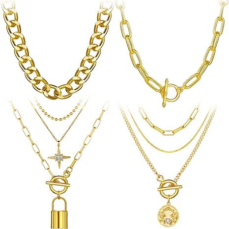4PCS Gold Layered Chain Necklace set for Women Girls Boho Pendant with Lock Coin Chunky Link Chai... | Amazon (US)
