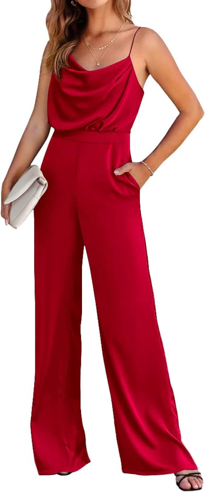 PRETTYGARDEN Women 2023 Sleeveless Spaghetti Strap Cowl Neck Backless Satin Jumpsuits Loose Wide ... | Amazon (US)