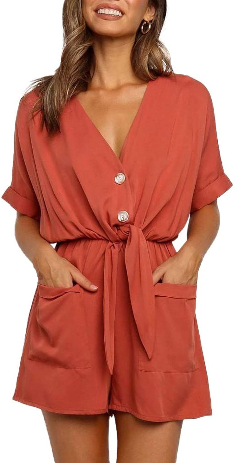 Womens V Neck Button Rompers Knot Tie Short Sleeve Sexy Loose Playsuit Jumpsuit with Pockets | Amazon (US)