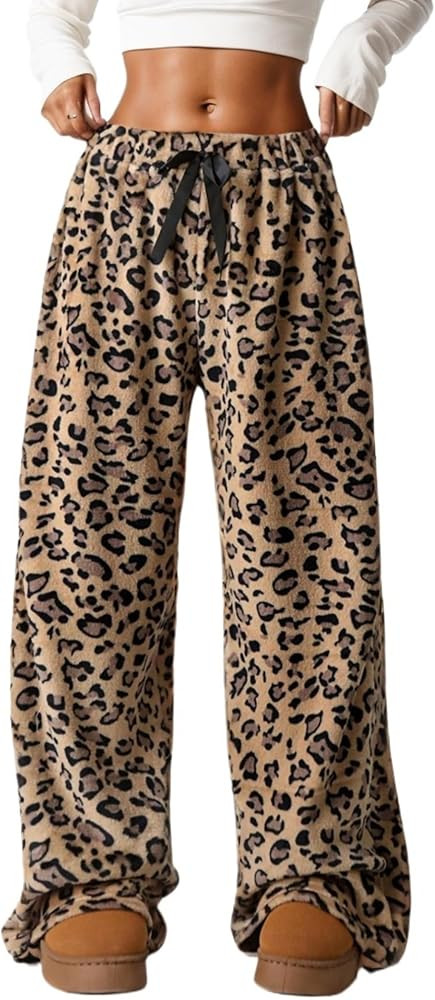 VCM Leopard Print Pants Y2k High Waisted Baggy Trousers Drawstring Fluffy Cheetah Fuzzy Pajama Sl... | Amazon (US)