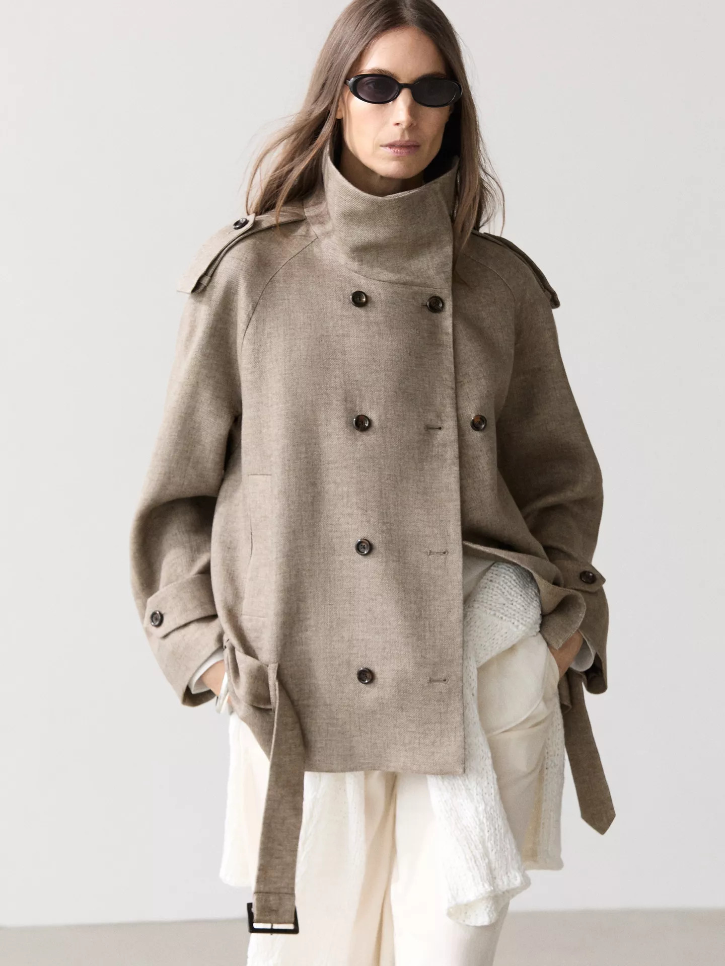 Linen melange high neck trench coat | Massimo Dutti UK