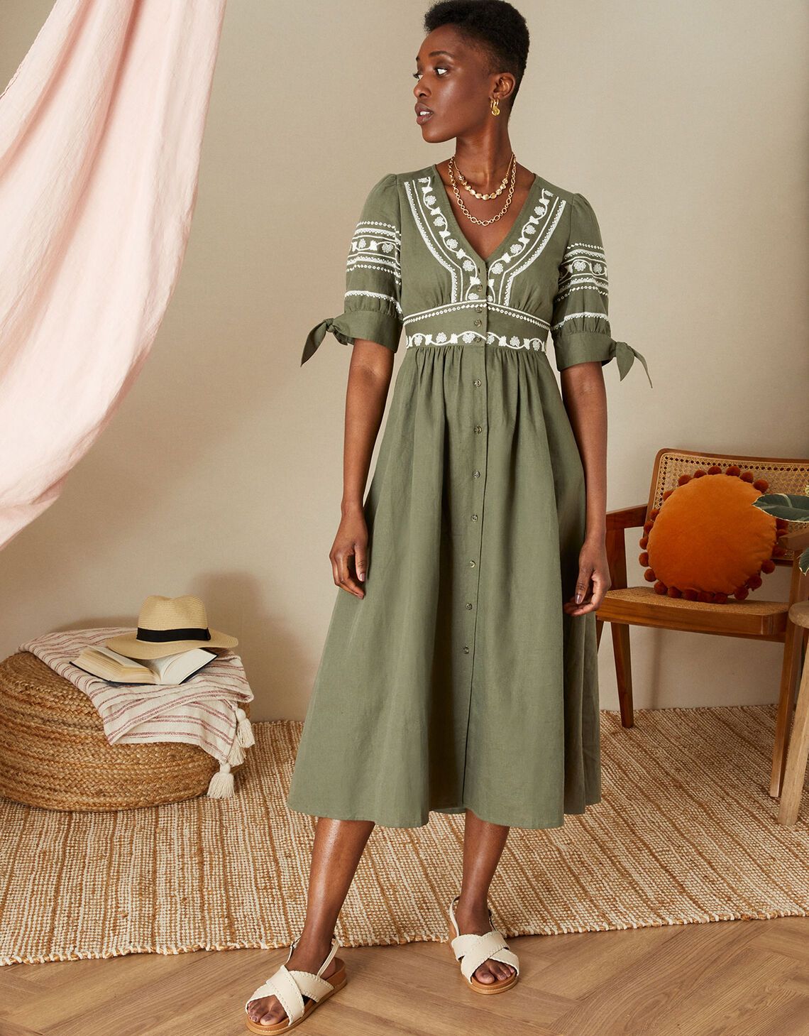 Embroidered Dolly Dress in Linen Blend Green | Monsoon (UK)