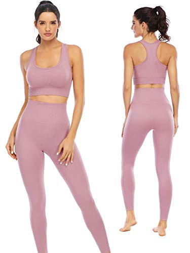 Workout Sets for Women 2 Piece High Waisted Seamless Leggings with Padded Stretchy Sports Bra Sets Yoga Outfit Jogging Gym Clothes (NA007M- Taro purple) | Amazon (US)