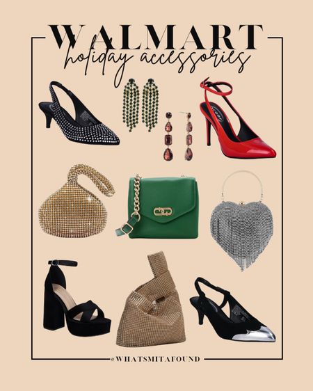 Walmart holiday accessories under $40! Holiday earrings, holiday purses, holiday heels, rhinestone heels, ankle strap heels, red heels, velvet heels, metallic heels, rhinestone purse, green purse, metallic purse, drop earrings, affordable heels, adorable purse, affordable drop earrings 

#LTKfindsunder50 #LTKHoliday #LTKitbag