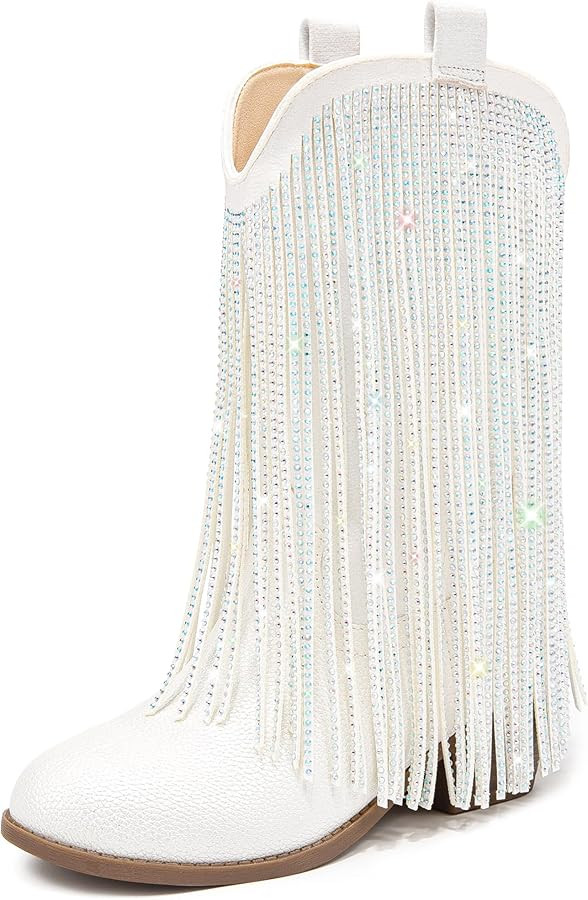 LAURMOSA Rhinestone Fringe Cowgirl Boots for Girls Mid Calf Pointed Toe Cowboy Boots for Toddler ... | Amazon (US)