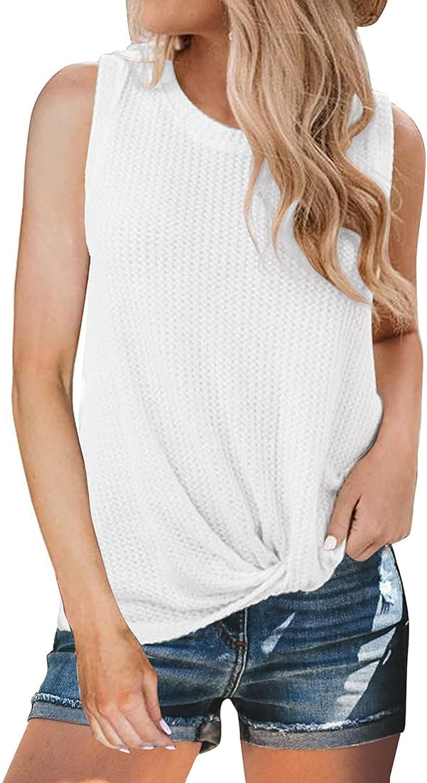 MIHOLL Womens Casual Tops Sleeveless Cute Twist Knot Waffle Knit Shirts Tank Tops | Amazon (US)