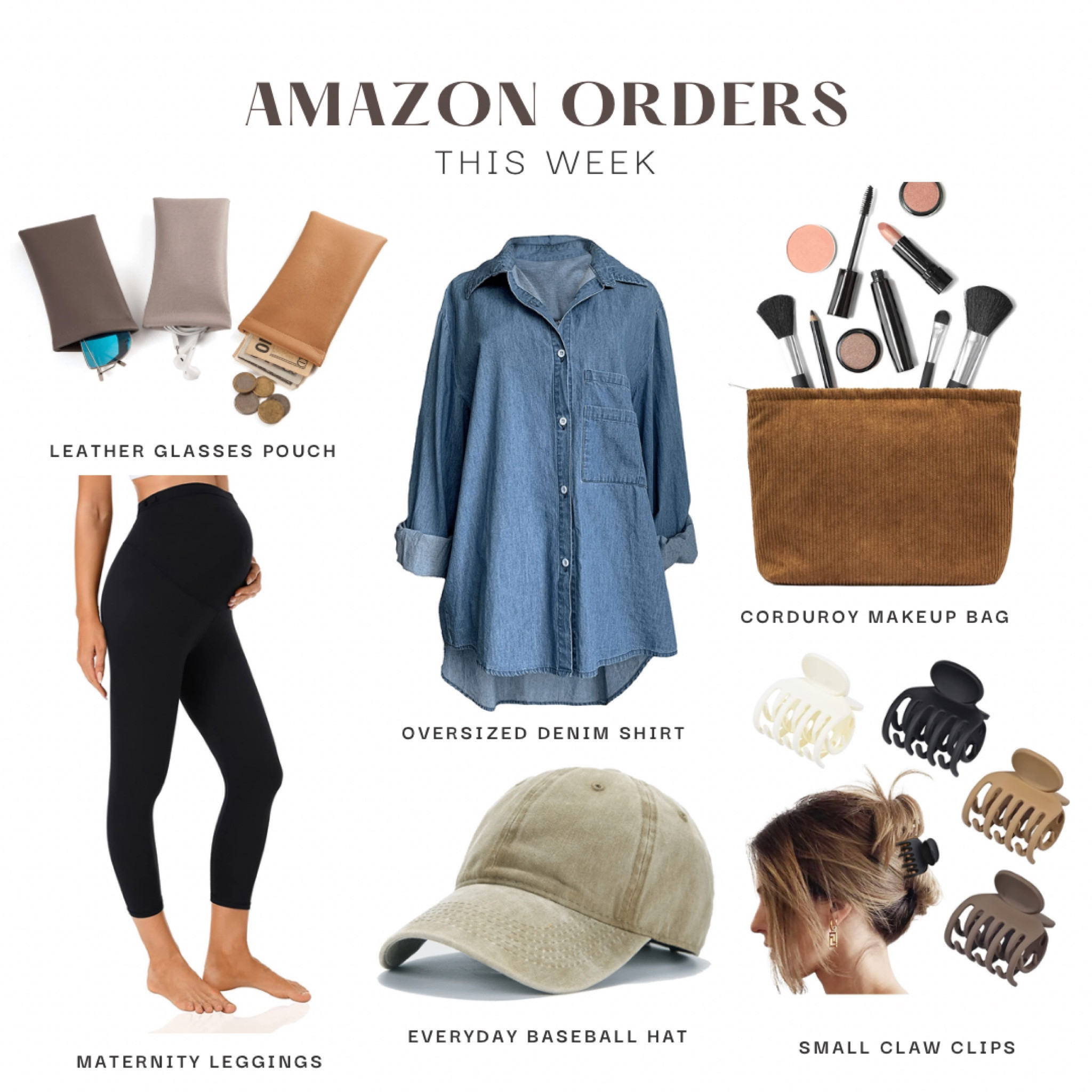 Amazon orders lately 🫶🏼 maternity leggings, leather sunglasses pouch, oversized denim shirt, everyday baseball hat, small claw clips, & a corduroy makeup bag 

#LTKbump #LTKunder50 #LTKFind