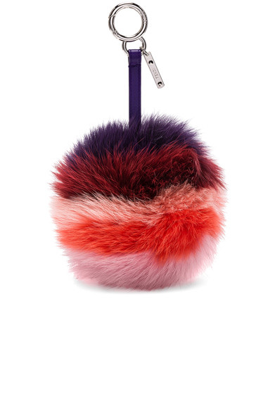Fendi Rainbow Fox Fur Pom Pom Charm in Stripes, Pink, Purple, Red. | FORWARD by elyse walker