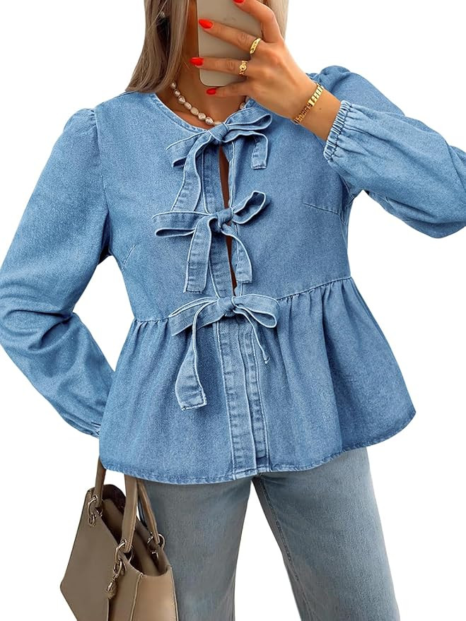 Tankaneo Womens Denim Tie Front Tops Babydoll Peplum Cute Blouse Puff Long Sleeve Going Out Jean ... | Amazon (US)