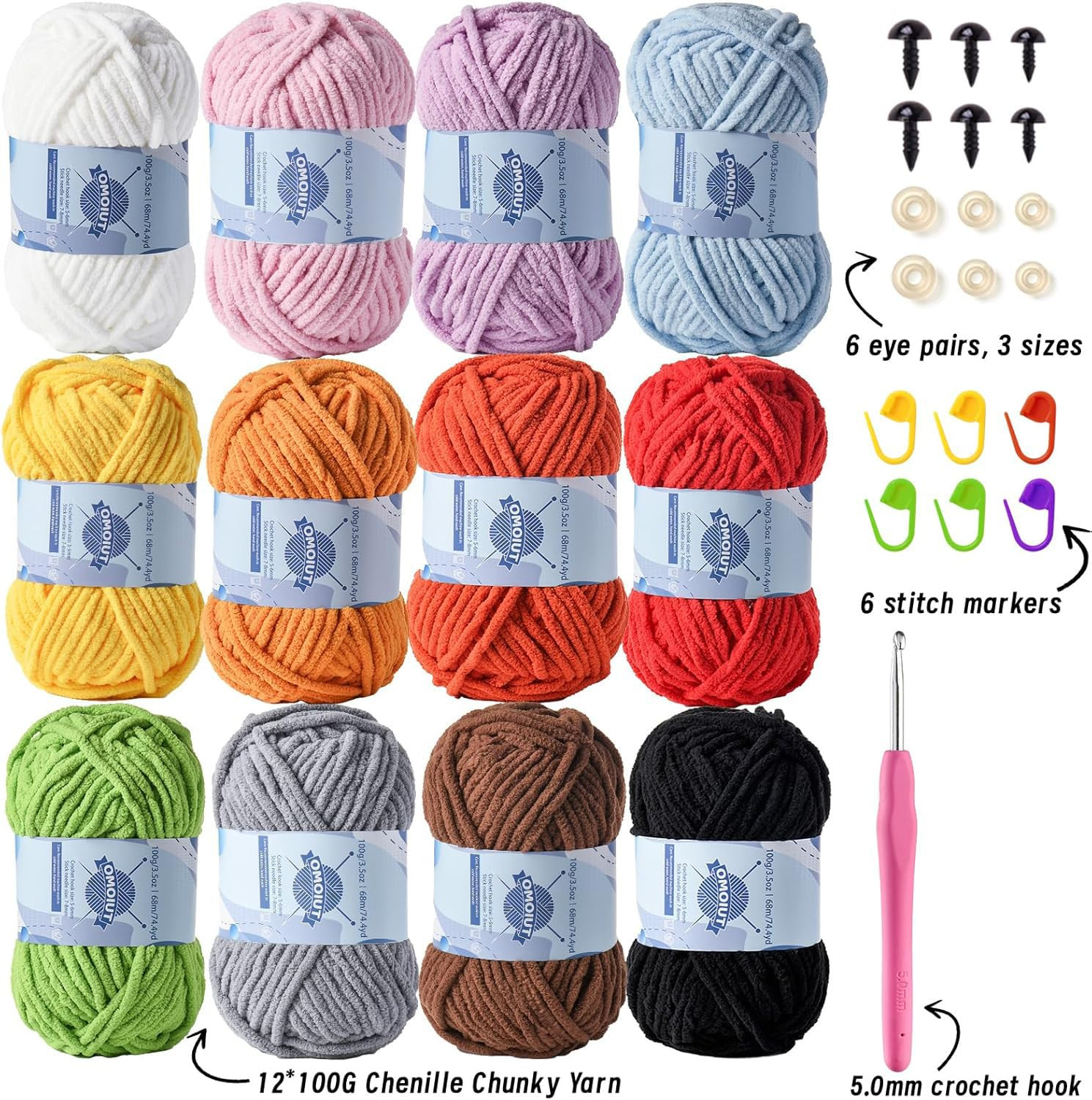 Amazon.com: Premier Puzzle 12 Pack Fluff Chenille Chunky Yarn for Crocheting - Baby Crochet Set with Velvet Yarn in Black, White, Purple, Pink, Blue, Coffee, Red, Orange | Amazon (US)
