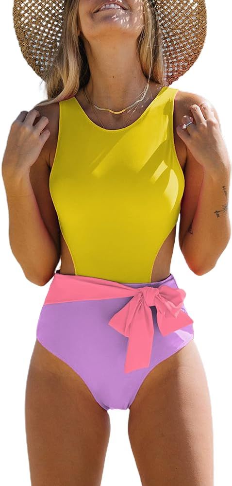 Hilinker Women's One Piece Swimsuit Color Block Cut Out Monokinis Bowknot Bathing Suit | Amazon (US)