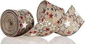 Red White Blue Stars Pattern Wired Edge Burlap Ribbon, 10 Yards by 2.5 Inches (Style 3) | Amazon (US)