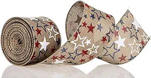 Red White Blue Stars Pattern Wired Edge Burlap Ribbon, 10 Yards by 2.5 Inches (Style 3) | Amazon (US)