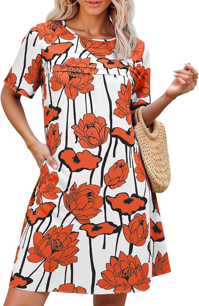 Wenrine Womens Summer Casual Floral Mini Dress Short Sleeve Pleated Front Loose Beach Tunic Dress... | Amazon (US)