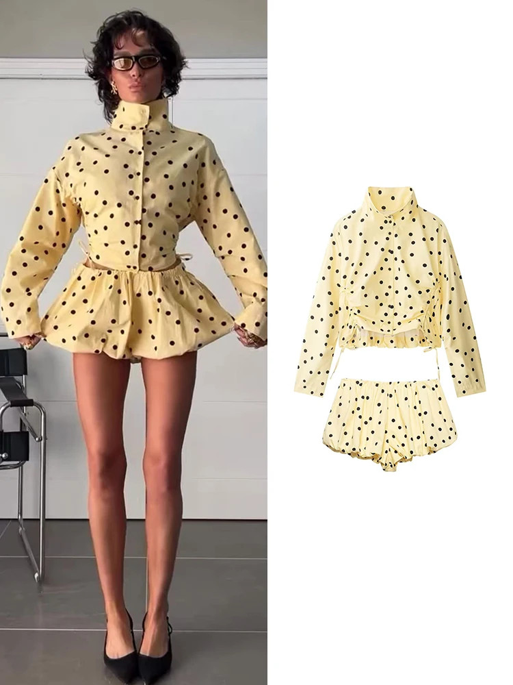 TFMLN Women Trendy Balloon Shorts Set Fashion Pleated Dot Print Short Jacket Mini Shorts New Spri... | AliExpress (US)