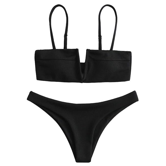 ZAFUL Women's V-Wire Padded Tie Knot Back Ribbed Two Piece Bikini Set Swimsuit | Amazon (US)