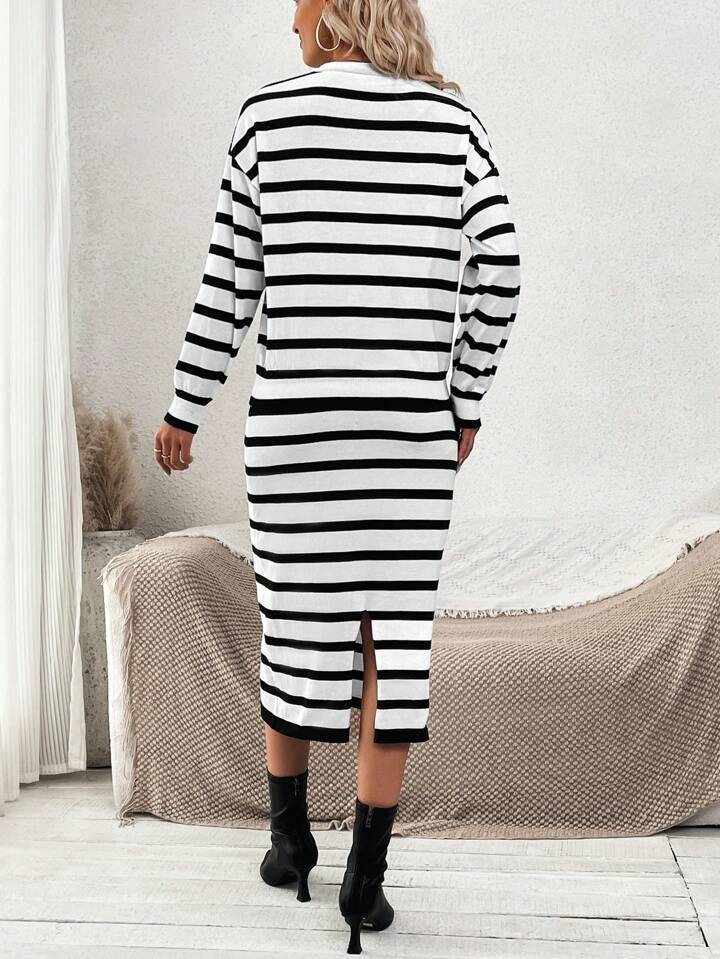 SHEIN Essnce Striped Printed Drop Shoulder Sweater And Back Slit Skirt Set | SHEIN