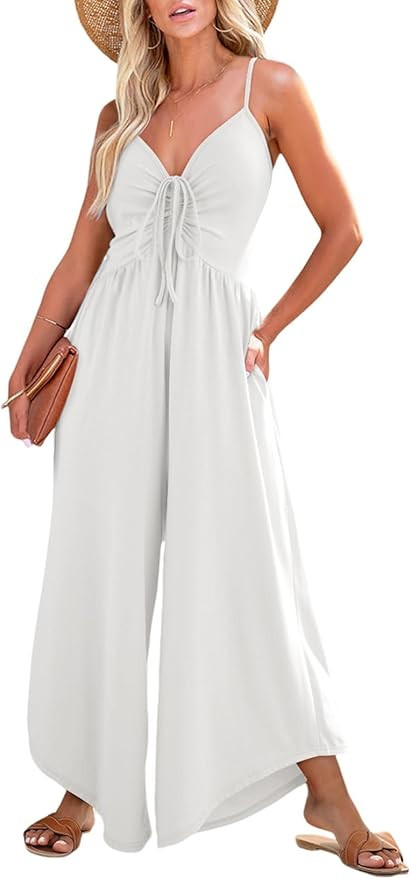 Dokotoo Womens Jumpsuits Spaghetti Straps Ruched Drawstring Knit Wide Leg Romper Casual Jumpsuits... | Amazon (US)