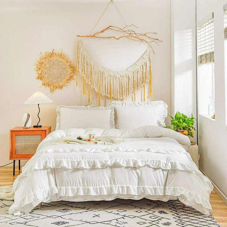 White Vintage Ruffle Bedding Set Farmhouse Bedding Set Soft Microfiber Boho Chic Duvet Cover - Wa... | Walmart (US)