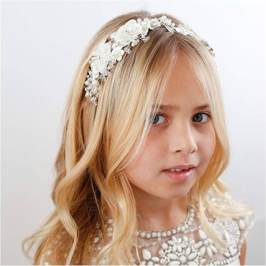 SWEETV Flower Girl Headpiece Ivory Tulle Flowers Wedding Headband for Girls, Princess Pearl Hair ... | Amazon (US)