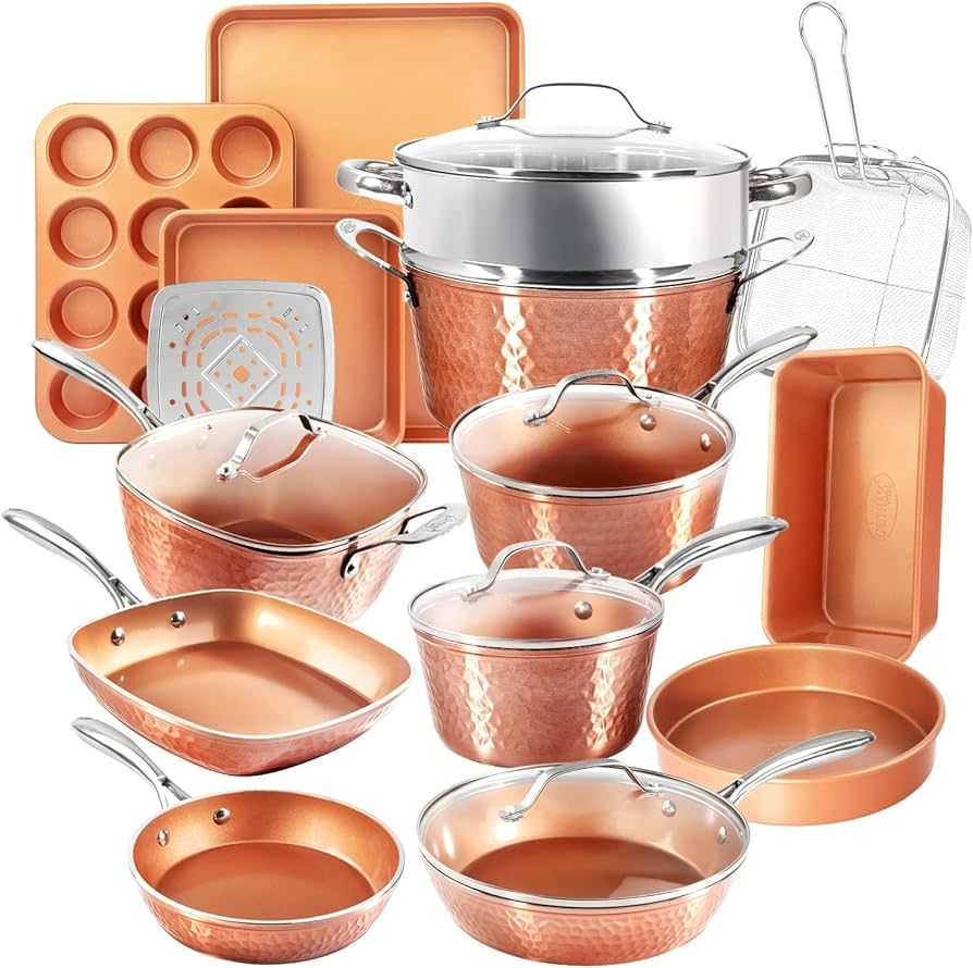 Gotham Steel Hammered Copper Collection – 20 Piece Premium Cookware + Bakeware Set, Ceramic Coo... | Amazon (US)