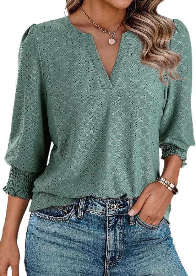 Dokotoo Womens Summer 2026 Hollow Out Blouses 3/4 Length Sleeve Business Tops Dressy Casual V Nec... | Amazon (US)