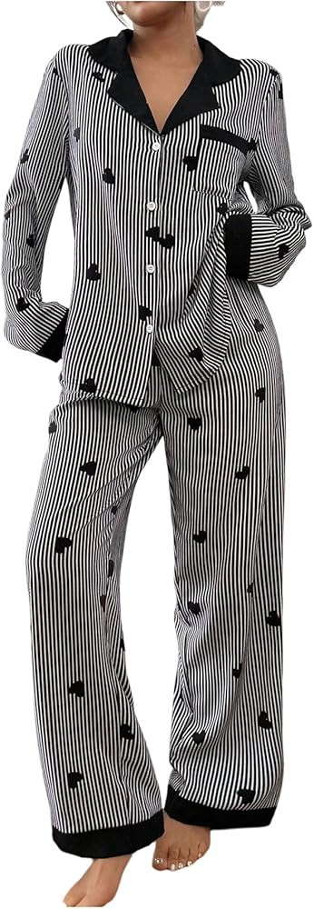 Verdusa Conjunto de pijama de 2 piezas con diseño de corazón a rayas para mujer, camisa con bot... | Amazon (US)