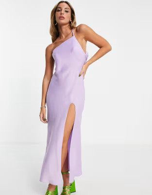 ASOS DESIGN one shoulder midaxi dress in satin with drape back in lilac | ASOS (Global)