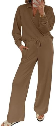 EVALESS Two Piece Sets for Women Lounge Sets Casual V Neck Sweatshirt and Wide Leg Sweatpants Mat... | Amazon (US)