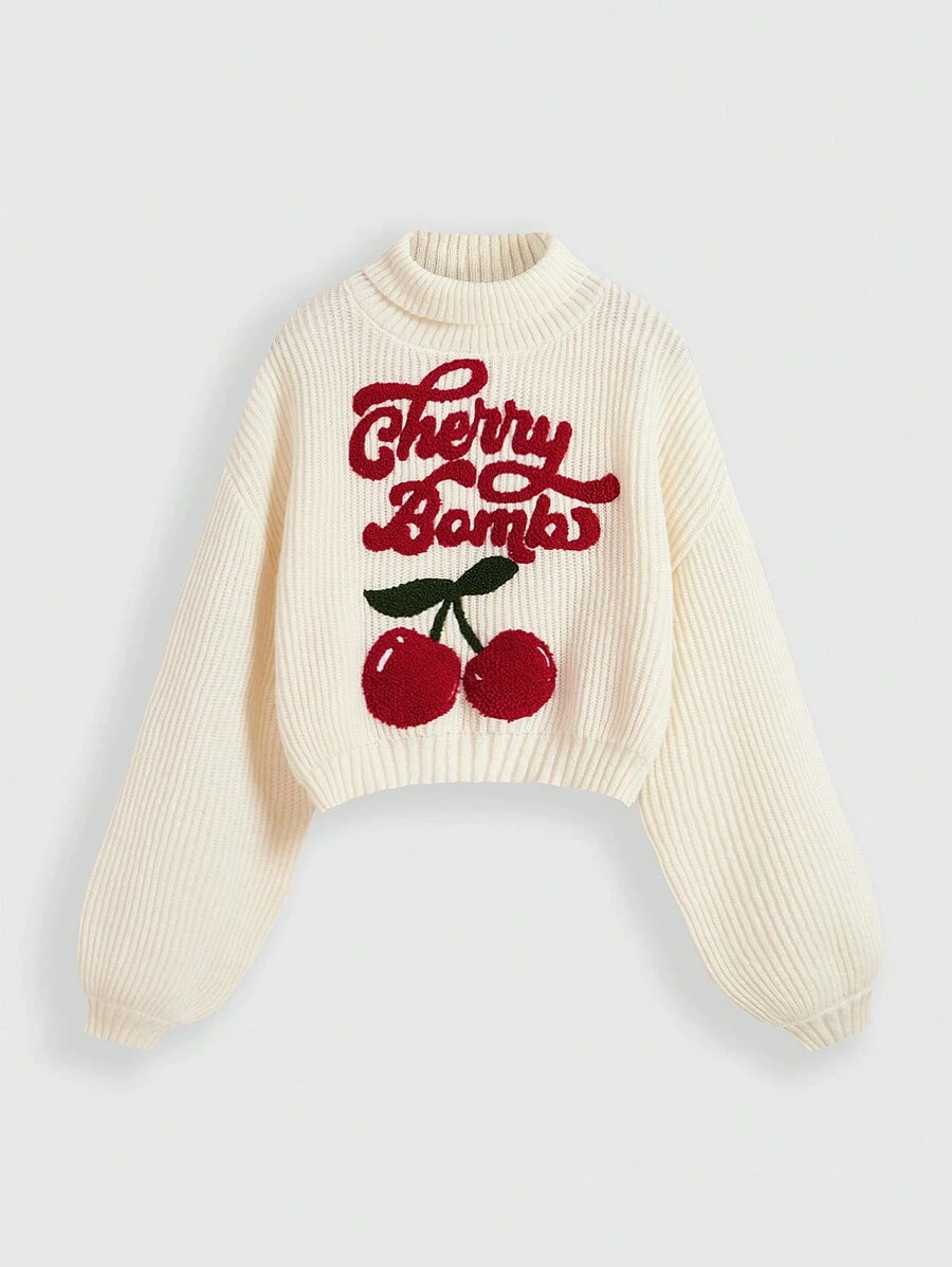 ROMWE Fairycore Casual Graphic Cute Innocent Cherry Embroidered Turtleneck Lantern Sleeve Sweater... | SHEIN