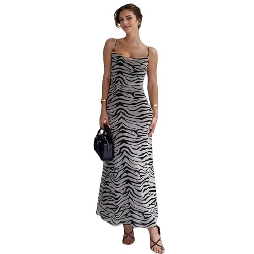 Women's Sexy Sleeveless Tulle Zebra Print Maxi Dress - Elegant Spaghetti Strap Backless Party Dress | Amazon (US)