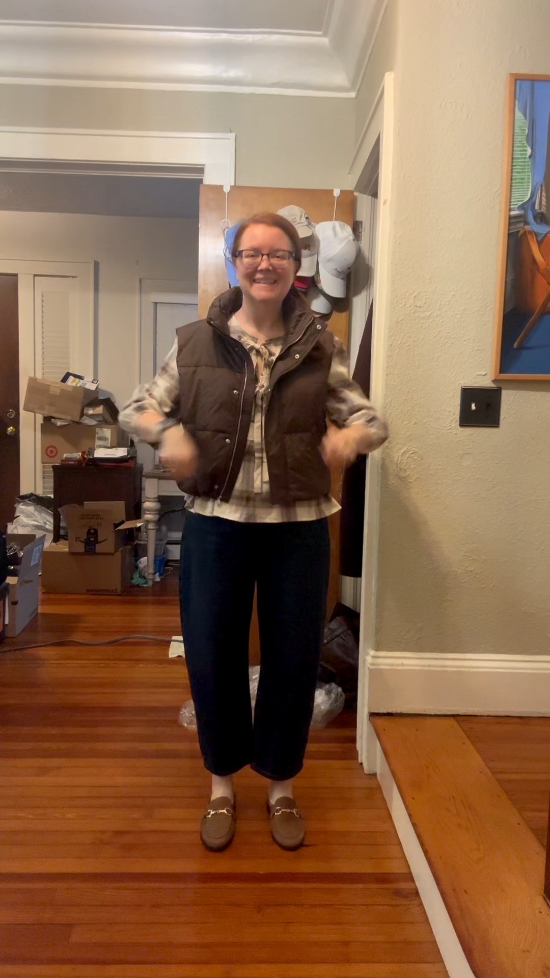 Friends and family sale 50% off at loft right now on everything! Comfy cozy casual fall outfit with jeans, upgraded peplum flannel and puffy vest from LOFT.  everything fit TTS.  Small shirt, very and 8p size 29 in barrel leg jean. Vionic loafers are my own from previous season. 