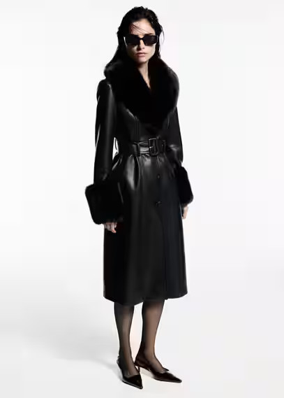 Leather-effect coat with fur-effect trim black - Women - S - MANGO | Mango (US/MX/AU)
