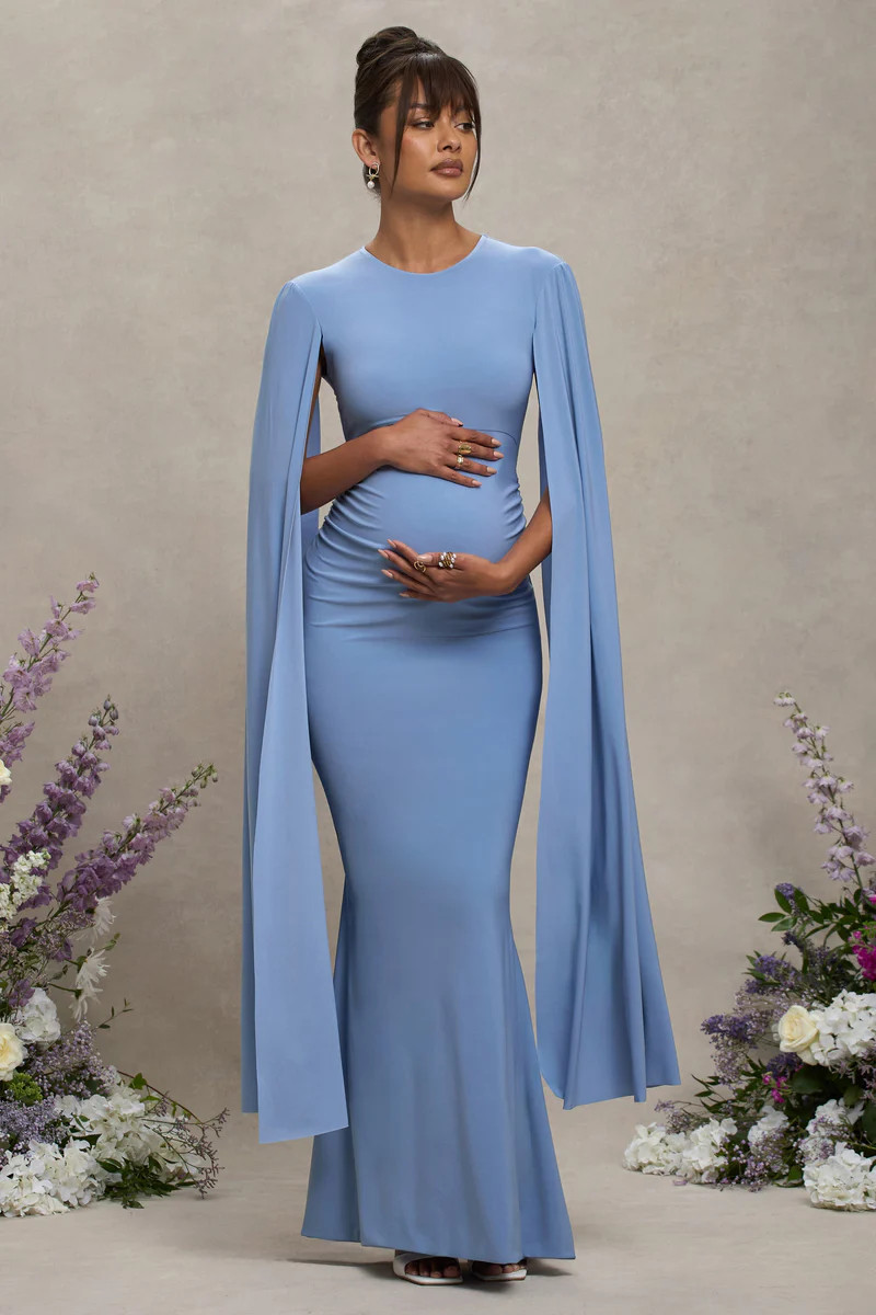 Divine Timing  Powder Blue Maternity Maxi Dress With Cape Sleeves | Club L London